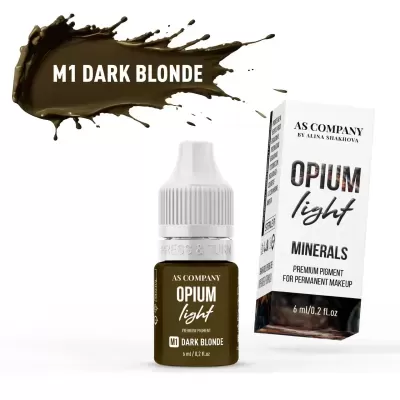 Frasco de pigmento para sobrancelhas e embalagem com texto M1 DARK BLONDE OPIUM light