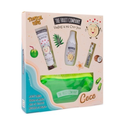 Conjunto de cosméticos The Fruit Company com tema coco em embalagem colorida e nécessaire verde