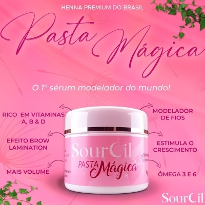 Pote rosa do produto SourCil Pasta Mágica com texto promocional em fundo rosa