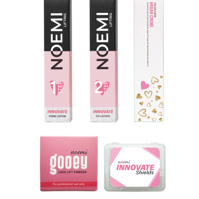 Produtos de beleza Noemi em embalagens rosa, preto e branco com textos visíveis