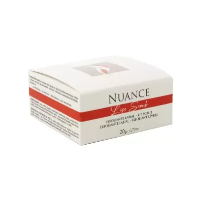 Embalagem branca de NUANCE Lips Scrub com faixa vermelha e texto descritivo