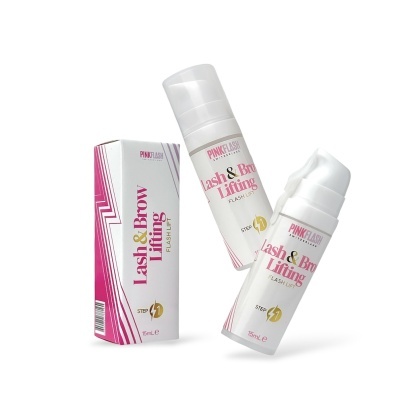 Dois frascos com produto Lash & Brow Lifting e uma caixa da marca PINKFLASH em fundo branco