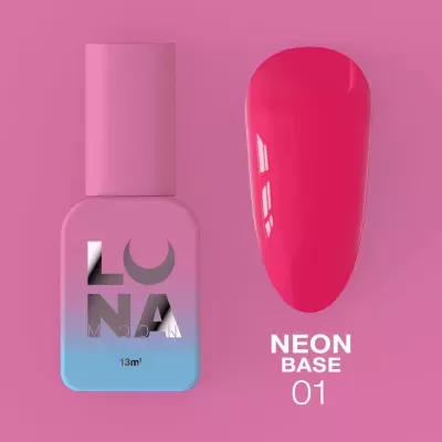 Frasco de esmalte de unhas Luna rosa e azul com amostra de cor neon rosa