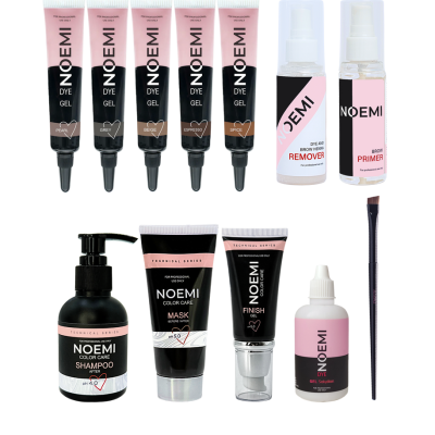 Conjunto de produtos para coloração e cuidado de cabelo da marca NOEMI em embalagens pretas e rosa