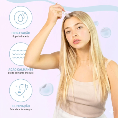 Mulher loira a aplicar sérum com conta-gotas no rosto com textos sobre hidratação, ação calmante e iluminação.