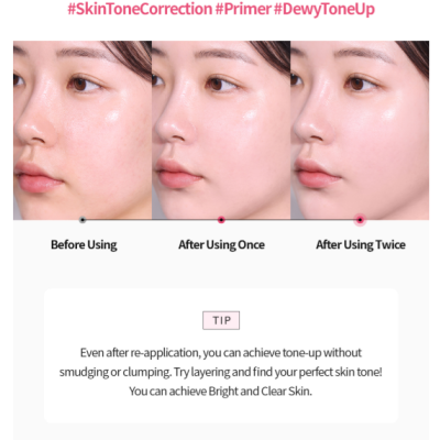 Comparação do rosto feminino antes e depois da aplicação do produto #SkinToneCorrection #Primer #DewyToneUp