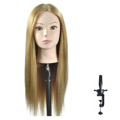 Cabeça de manequim com peruca loira e suporte preto com base.