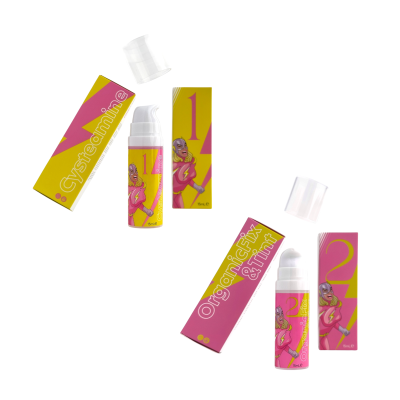 Duas embalagens coloridas de produtos cosméticos com ilustração de super-heroína