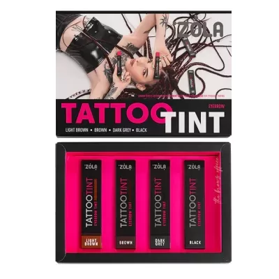 Conjunto Zola Tattoo Tint para sobrancelhas com quatro tonalidades e imagem de mulher tatuada na embalagem