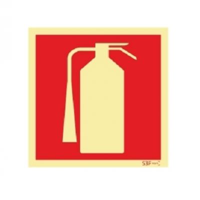 Sinal gráfico de extintor de incêndio creme sobre fundo vermelho