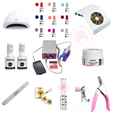 Produtos variados para manicure e cuidados de unhas incluindo lâmpada LED, esmaltes, máquina elétrica e alicate cor-de-rosa.