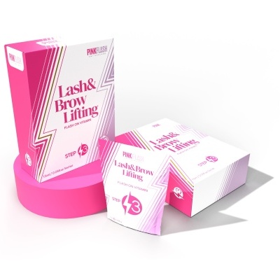Caixas de produto de beleza Lash & Brow Lifting branco e rosa com texto