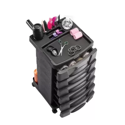 Carrinho móvel preto com gavetas e acessórios de cabeleireiro