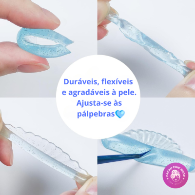 Produto azul translúcido flexível com glitter para pálpebras mostrado em várias formas