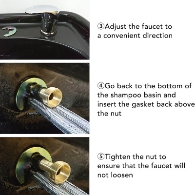 Lavatorio preto com torneira metálica e peças metálicas em fundo branco com instruções em inglês.