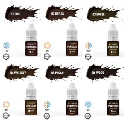 Seis frascos pequenos de tinta para modelismo com nomes e ícones de resistência e textura