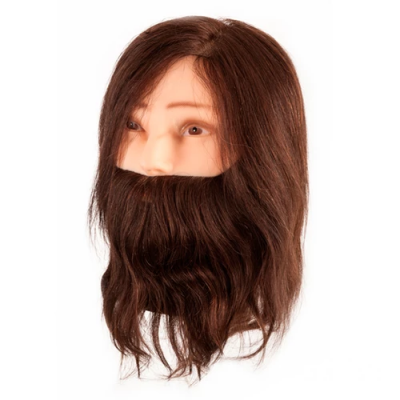 Cabeça de manequim com cabelo e barba castanhos longos e ondulados