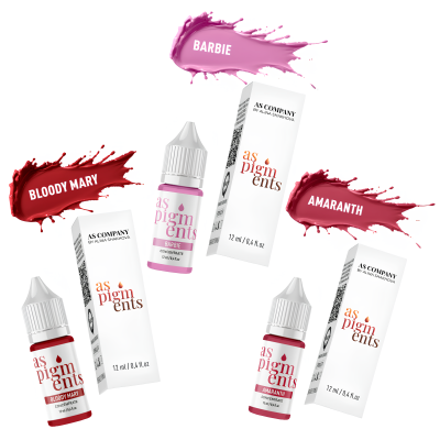 Três frascos de pigmentos com conta-gotas e embalagens brancas rotulados Barbie, Bloody Mary e Amaranth