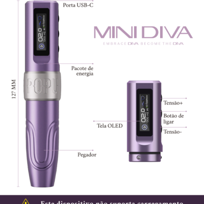 Dispositivo roxo MINI DIVA com display OLED, botões e texto explicativo em português.