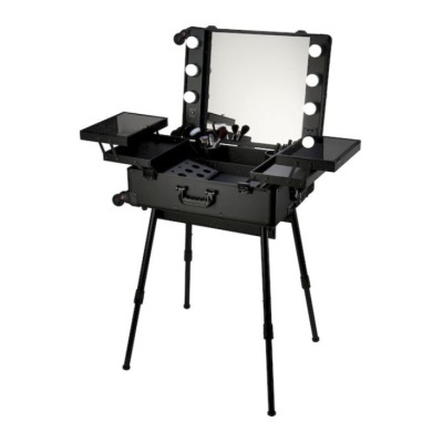 maleta preta de maquilhagem com espelho e luzes