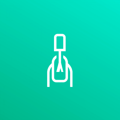 Ícone branco de aplicação de esmalte em unha sobre fundo azul-verde