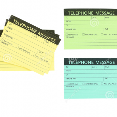 Cartões de mensagem telefónica em papel nas cores amarelo, verde claro e azul claro