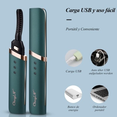 Dispositivo verde escuro com cerdas pretas, com texto sobre carga USB e uso fácil