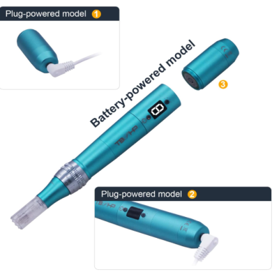 Caneta microagulhamento azul turquesa com diferentes formas de alimentação e conexão