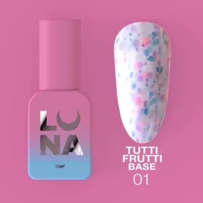 Verniz de unhas rosa e azul com amostra de unhas pontilhadas coloridas e texto