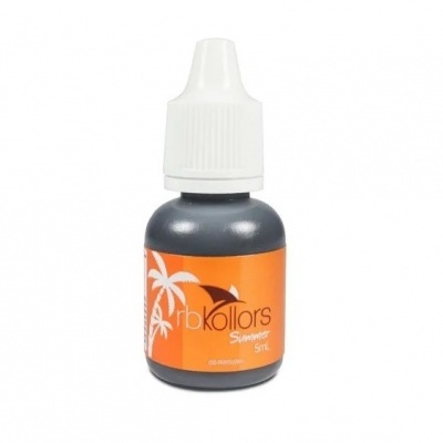 Frasco de tinta preta rbkollors com rótulo laranja e desenho de palmeiras