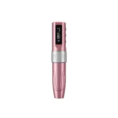Aparelho rosa metálico com visor digital preto e anel prateado com texto POPu