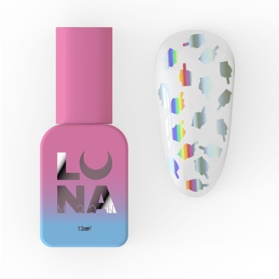 Frasco de verniz de unhas rosa e azul com texto LUNA e amostra de unhas com desenhos holográficos.