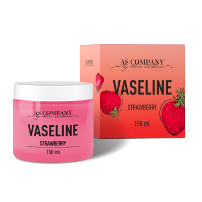 Pote de vaselina rosa com tampa branca junto a caixa rosa com morangos e texto