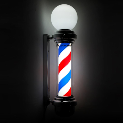 Barbeador luminoso de parede com padrão espiral vermelho, branco e azul e lâmpada esférica branca.