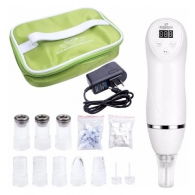 Aparelho de microdermoabrasão branco com acessórios e estojo verde
