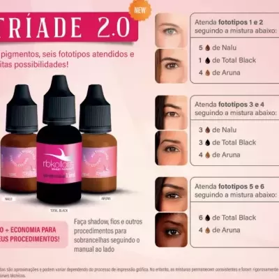 Três frascos de tinta para sobrancelhas com rótulos rosa e preto e instruções de uso em português sobre fundo rosa