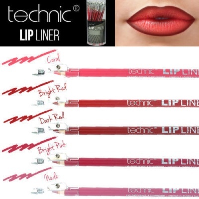 Lápis delineadores de lábios Technic em várias cores com traços e apontadores, imagem de lábios vermelhos