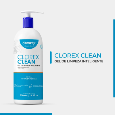 Frasco de gel Clorex Clean para limpeza da pele com bomba azul.
