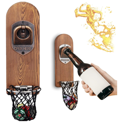 abridores de garrafas de parede em madeira com suportes em rede preta para tampinhas