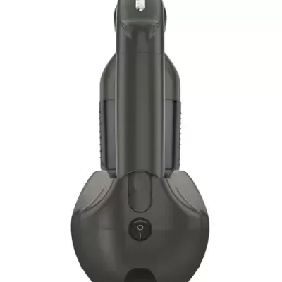 aspirador portátil preto e cinza com botão liga/desliga frontal