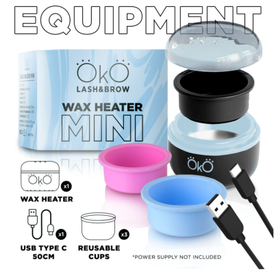 Aparelho mini aquecedor de cera ÖkÖ Lash&Brow com copos silicone e cabo USB na embalagem.