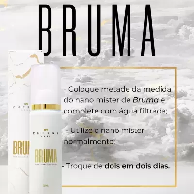 Frasco branco de bruma com detalhes dourados e caixa branca ao fundo