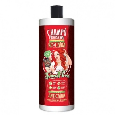 Garrafão de champô anticaída com rótulo vermelho e imagem de mulher ruiva