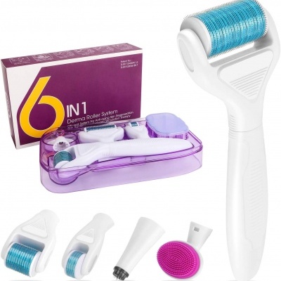 Conjunto dermaroller 6 em 1 com múltiplos acessórios e embalagem roxa.