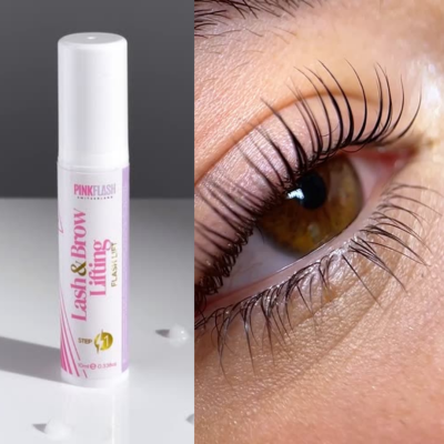 Tubo branco de Lash & Brow Toning ao lado de close-up de olho castanho com pestanas longas