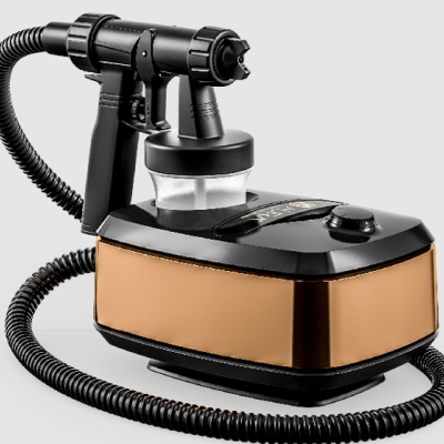 Pulverizador de pintura preto com detalhes em cobre e reservatório transparente