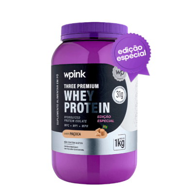 Pote roxo de whey protein com rótulo preto, cinza e branco, edição especial