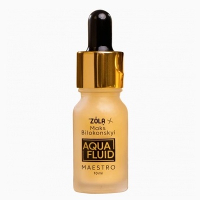 Frasco de vidro fosco com conta-gotas preto e tampa dourada de produto AQUA FLUID.