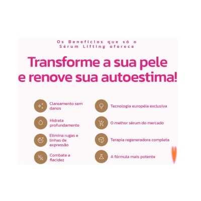Imagem com texto sobre os benefícios do Sérum Lifting em fundo branco e rosa