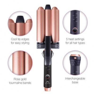 Modelador de cabelo triplo em ouro rosé com detalhes em preto e cobre